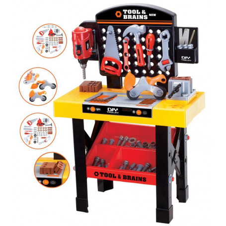 Tool Bench with Tools, Saw, Drill, Nuts and Bolts
