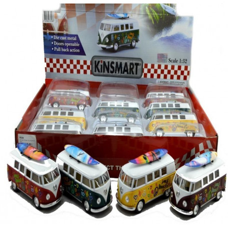 Die Cast VW Classic Bus With Surfboard 13cm- Assorted