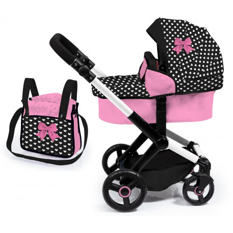 Xeo Compact Doll Pram - Pink With White Hearts & Pink Bow