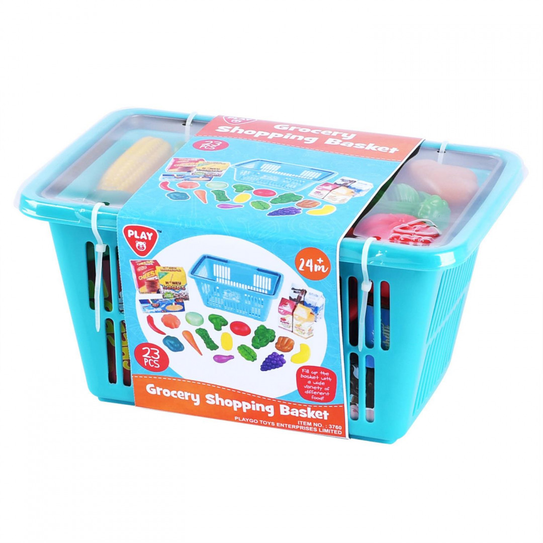 thumbnail image 2 of Shopping Cart For Kids, Toy Shopping Cart With Basket & 24pc Food Set 2 of 13