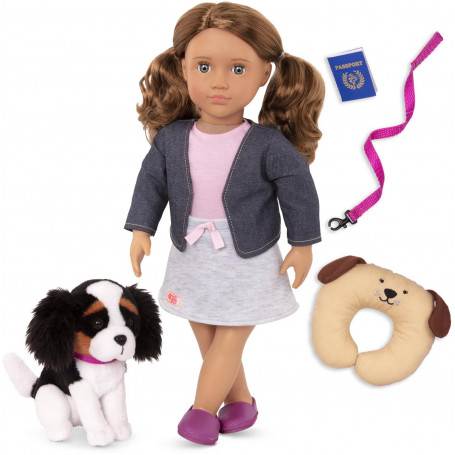 DOLL W/JEAN JACKET, TRAVEL PILLOW & PET DOG